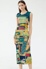 Artistic Print Crew Neck Sleeveless Pleated Bodycon Midi Dress - Green