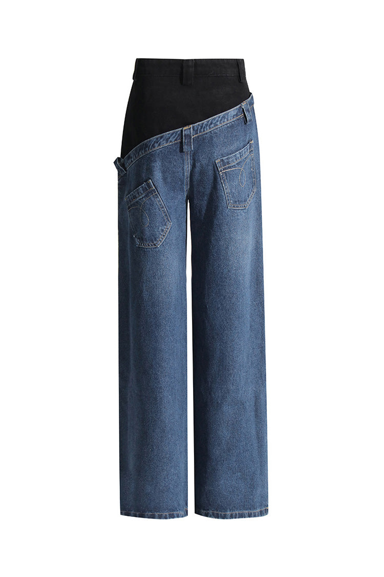 Asymmetric Bicolor Double Waist High Rise Full Length Wide Leg Hybrid Jeans