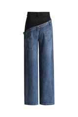 Asymmetric Bicolor Double Waist High Rise Full Length Wide Leg Hybrid Jeans