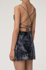 Asymmetric Cowl Neck Lace Up Backless Ruffle Printed Mesh Party Mini Dress