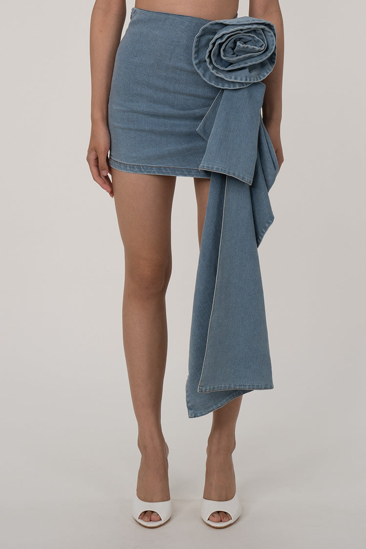 Asymmetric Drape 3D Rosette High Waist Bodycon Faded Denim Mini Skirt