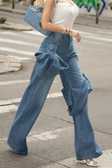 Asymmetric Draped Bowknot High Waist Straight Leg Full Length Jeans