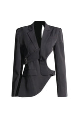 Asymmetric Hem Lapel Long Sleeve Cinched Waist Belted Cutout Blazer