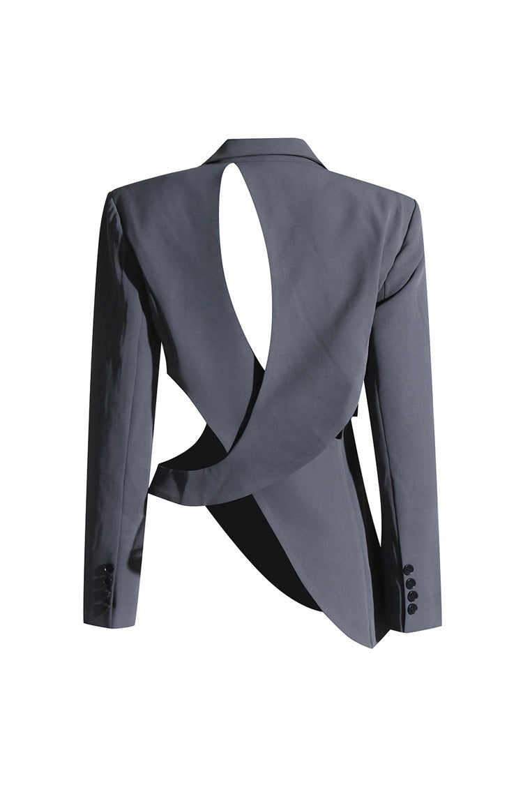 Asymmetric Hem Lapel Long Sleeve Cinched Waist Belted Cutout Blazer