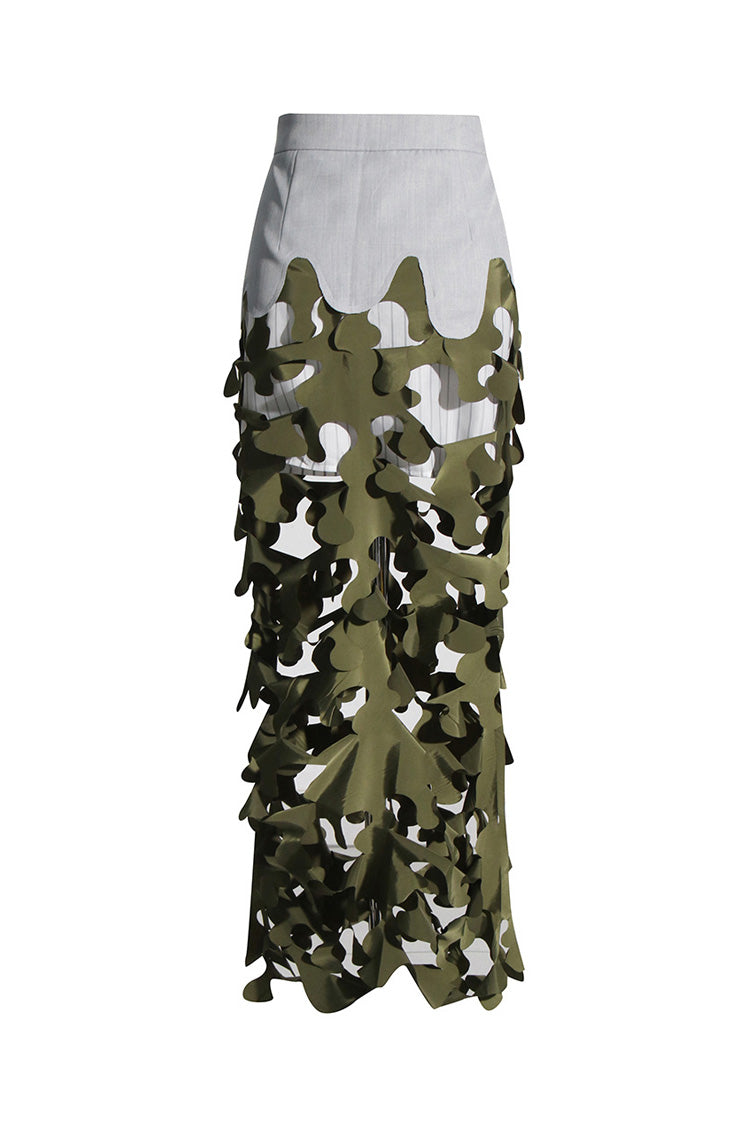 Asymmetric High Waist Exposed Zipper Laser Cut Out Hybrid Maxi Skirt