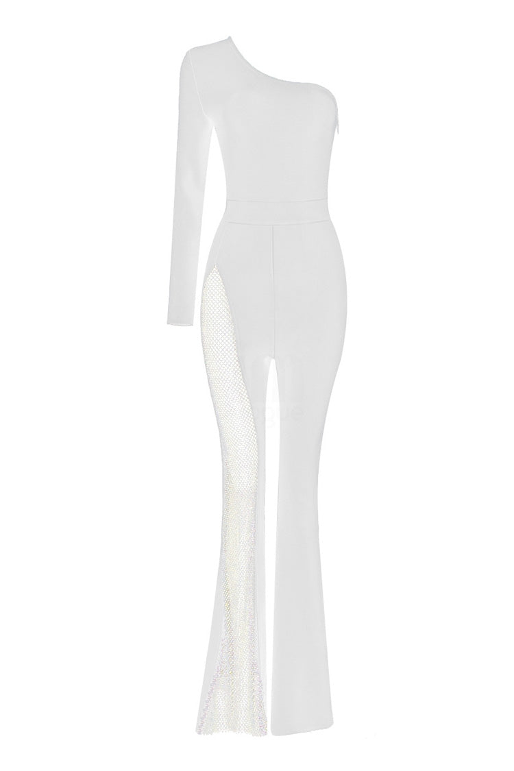 Asymmetric One Shoulder Rhinestone Sheer Mesh Hybrid Flare Leg Jumpsuit