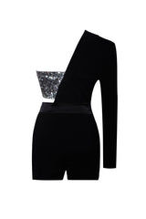 Asymmetric One Sleeve Sequin Embellished Cutout Hybrid Blazer Romper