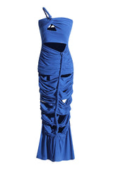 Asymmetric Rope One Shoulder Cut Out Ruched Mermaid Formal Maxi Dress