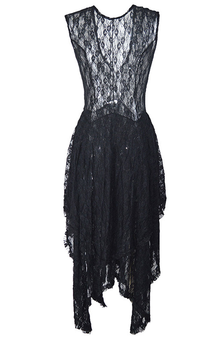 Asymmetric Tiered Ruffle Sleeveless Maxi Lace Dress - Black