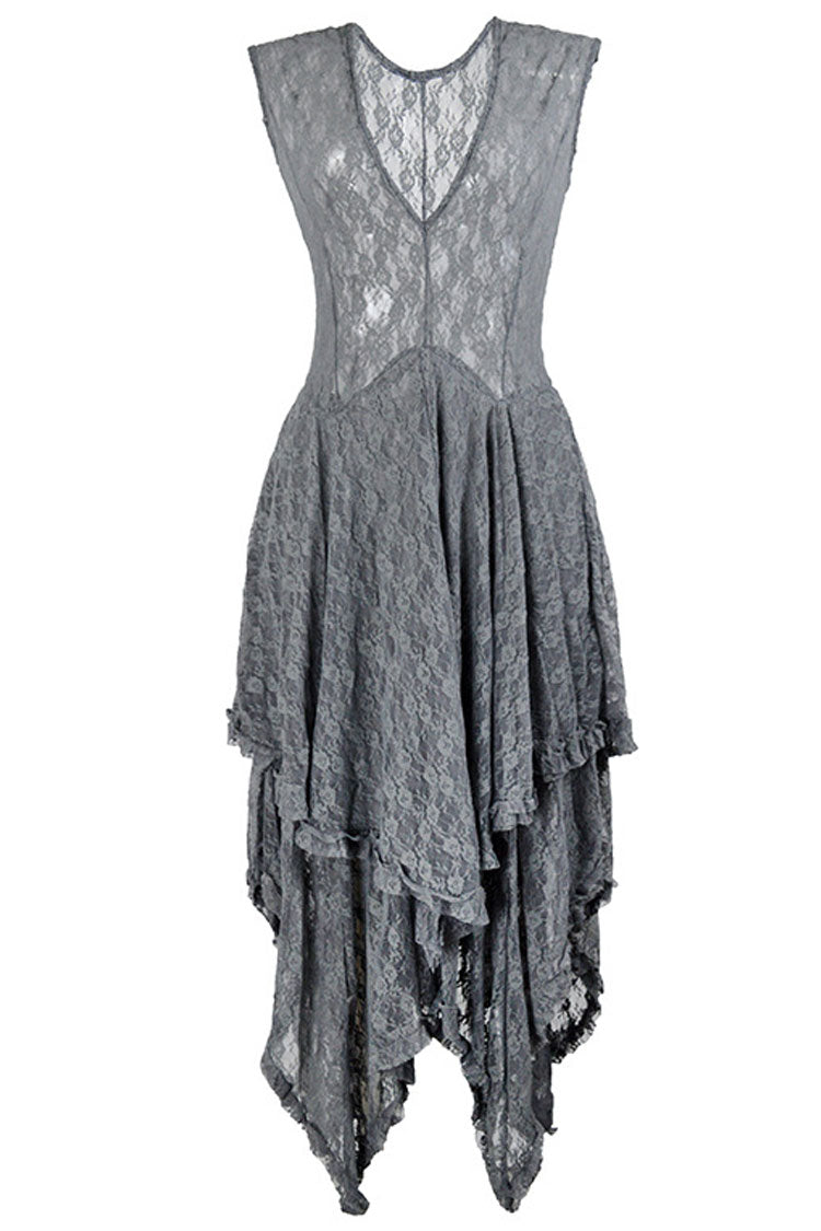 Asymmetric Tiered Ruffle Sleeveless Maxi Lace Dress - Gray