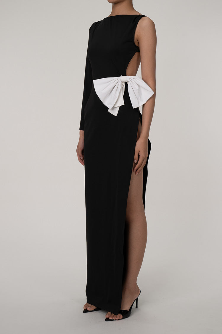 Asymmetrical Boat Neck Cutout Big Bow High Split Maxi Evening Dress - Black