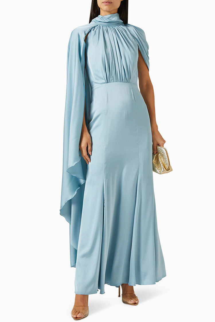 Asymmetrical Cape Sleeve Ruched Mock Neck Satin Fishtail Evening Maxi Dress