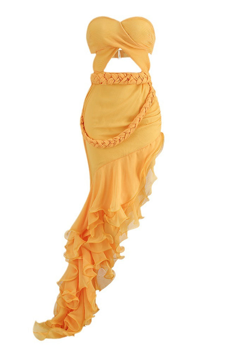 Asymmetrical Layered Ruffle Braided Cutout Strapless Maxi Evening Dress - Yellow