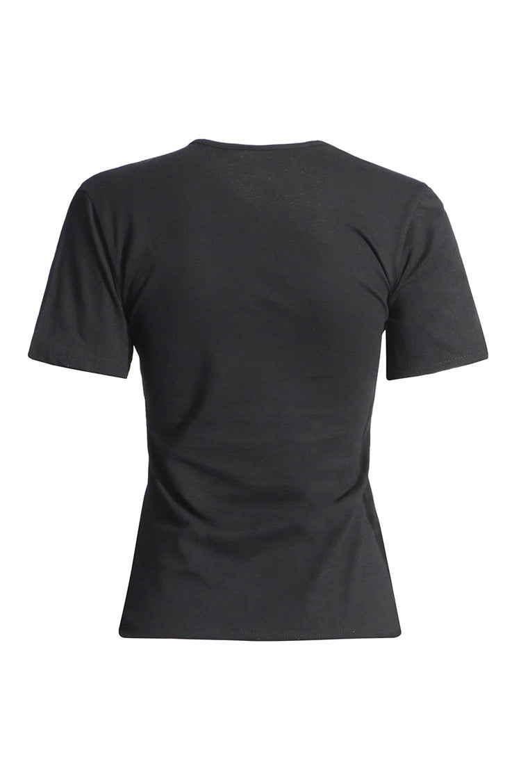 Asymmetrical Neck Cut Out Trim Monochrome Short Sleeve Slim Fit T Shirt