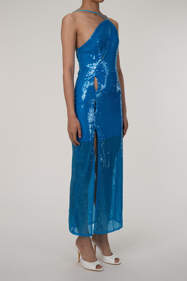 Asymmetrical One Shoulder Cutout High Split Sequin Evening Maxi Dress - Blue