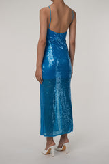 Asymmetrical One Shoulder Cutout High Split Sequin Evening Maxi Dress - Blue