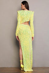 Asymmetrical Split Side Cutout Long Sleeve Velvet Sequin Dress - Yellow