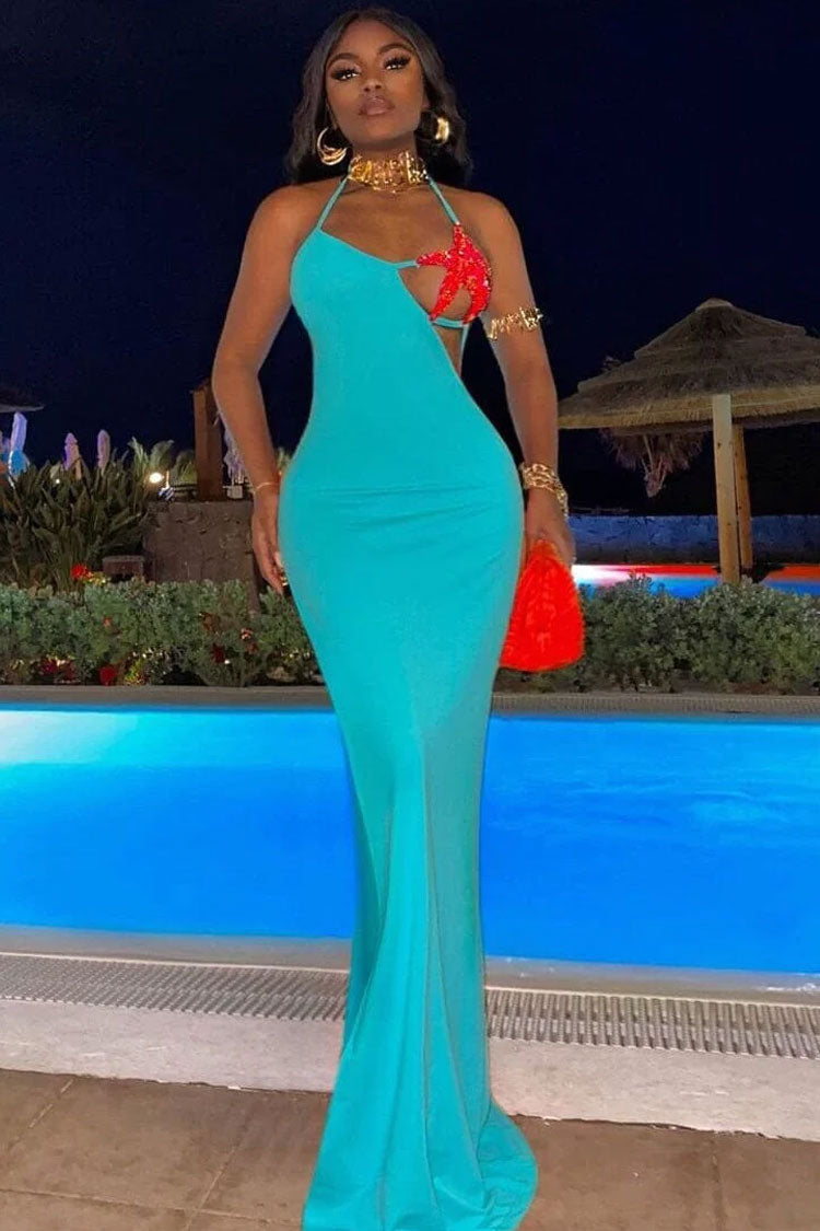 Asymmetrical Starfish Bra Cutout Scrunch Backless Split Evening Maxi Dress - Teal