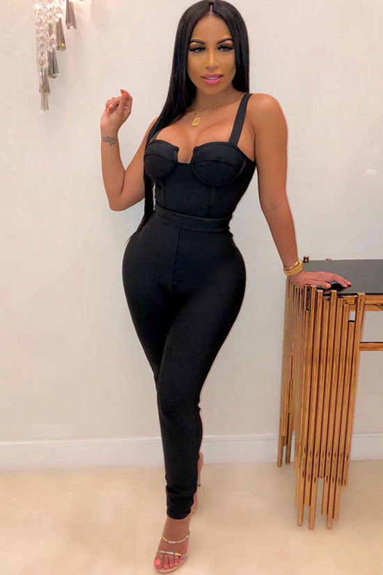 Attractive Monochrome Notch Front High Waist Bandage Bodycon Jumpsuit