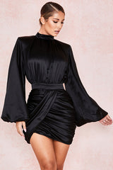 Balloon Sleeve Mock Neck Ruched Bodycon Satin Mini Party Dress - Black