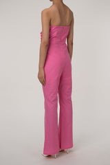 Bloom Rosette Applique Strapless High Waist Flared Linen Jumpsuit