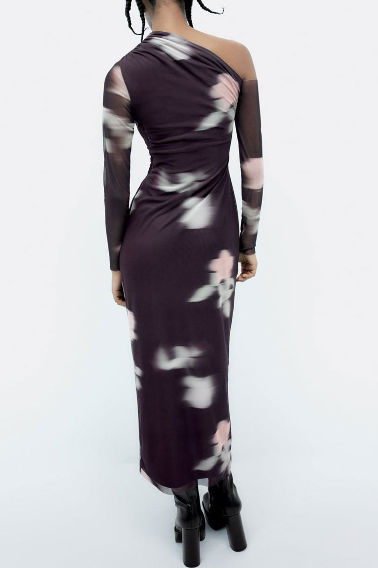 Blurry Floral Printed Long Sleeve Gathered Mesh Maxi Dress - Purple