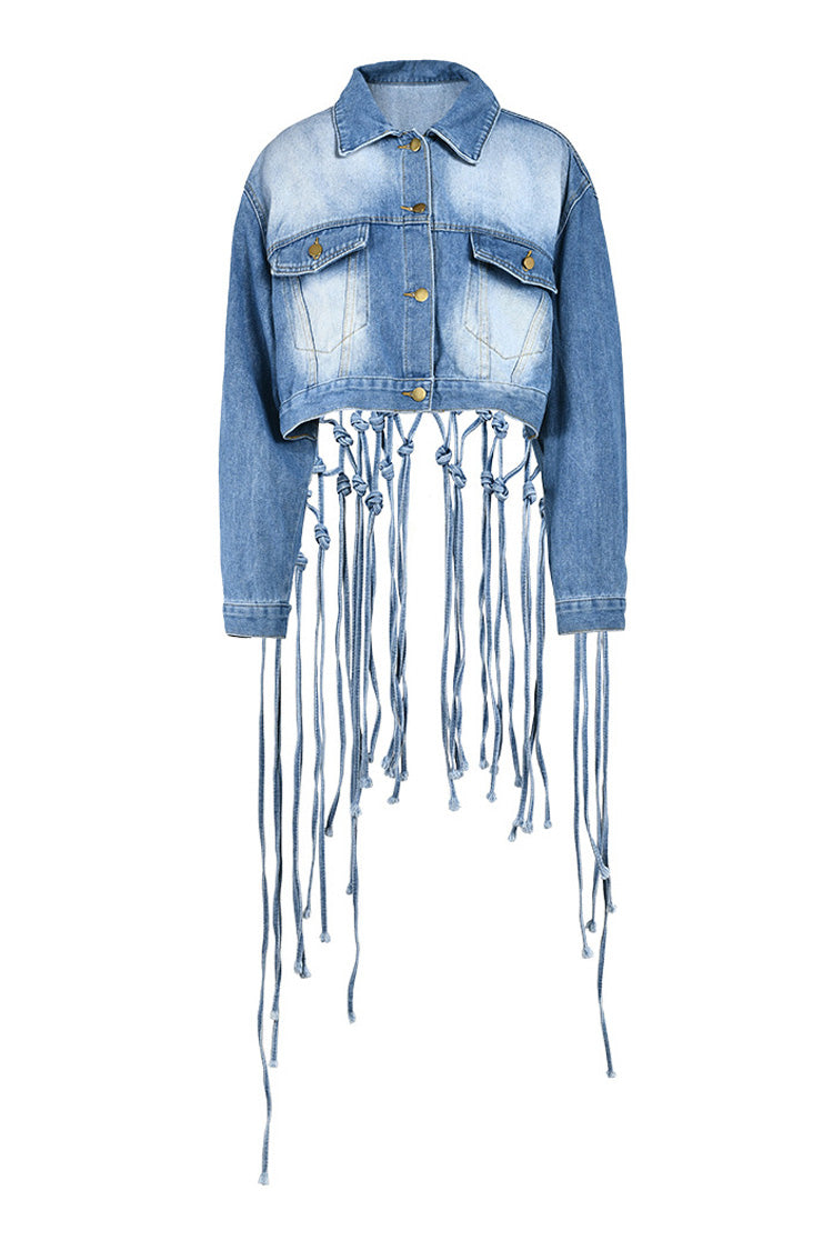 Boho Chic Button Down High Low Cutout Macrame Fringe Crop Denim Jacket