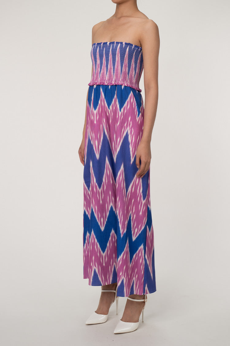 Boho Chic Zigzag Print Frilled Smocked Strapless Beach Vacation Maxi Dress