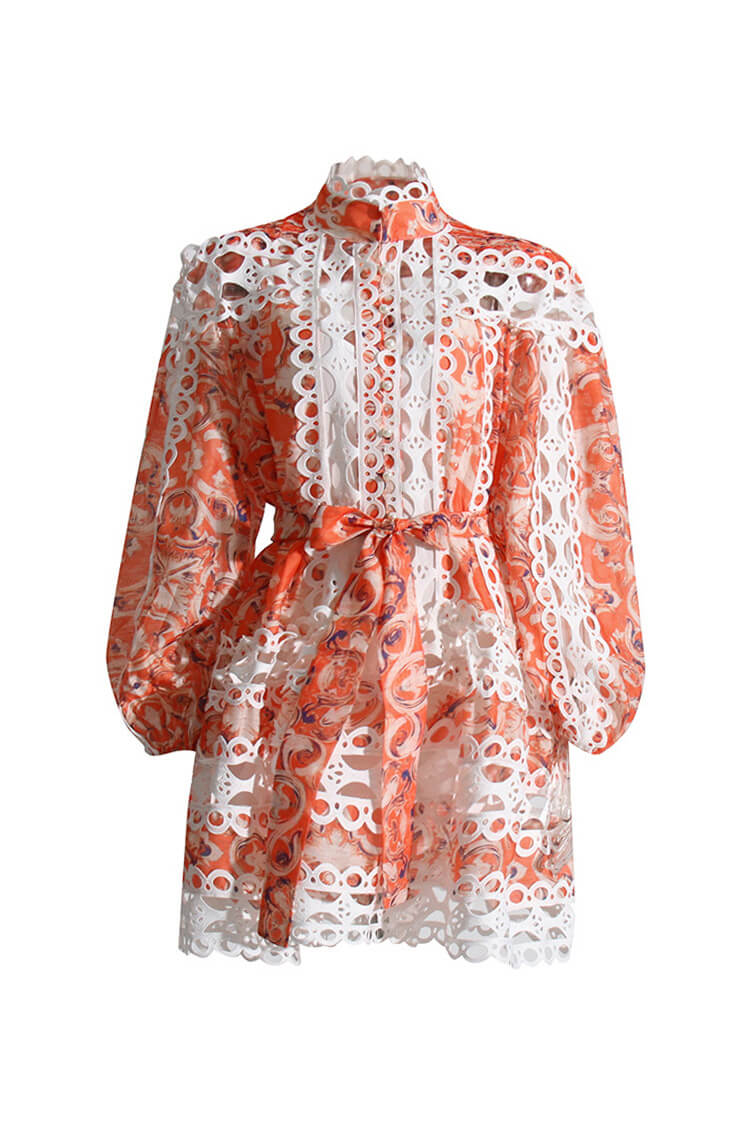 Boho Floral Scalloped Cutout Lace Bishop Sleeve Belted Mini Shirt Dress