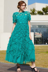 Breezy Mock Neck Polka Dot Tulle Summer Ruffled Evening Maxi Dress - Emerald Green