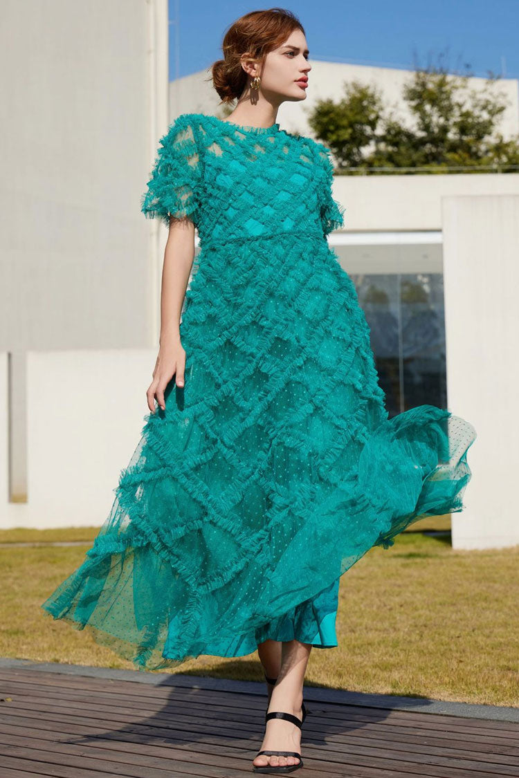 Breezy Mock Neck Polka Dot Tulle Summer Ruffled Evening Maxi Dress - Emerald Green