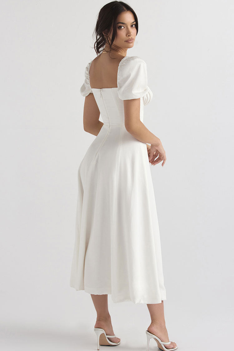 Breezy Off Shoulder Tie Front Puff Sleeve High Slit Midi Sundress - White