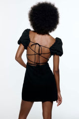 Breezy Ruched Square Neck Puff Sleeve Lace Up Back Party Mini Dress - Black