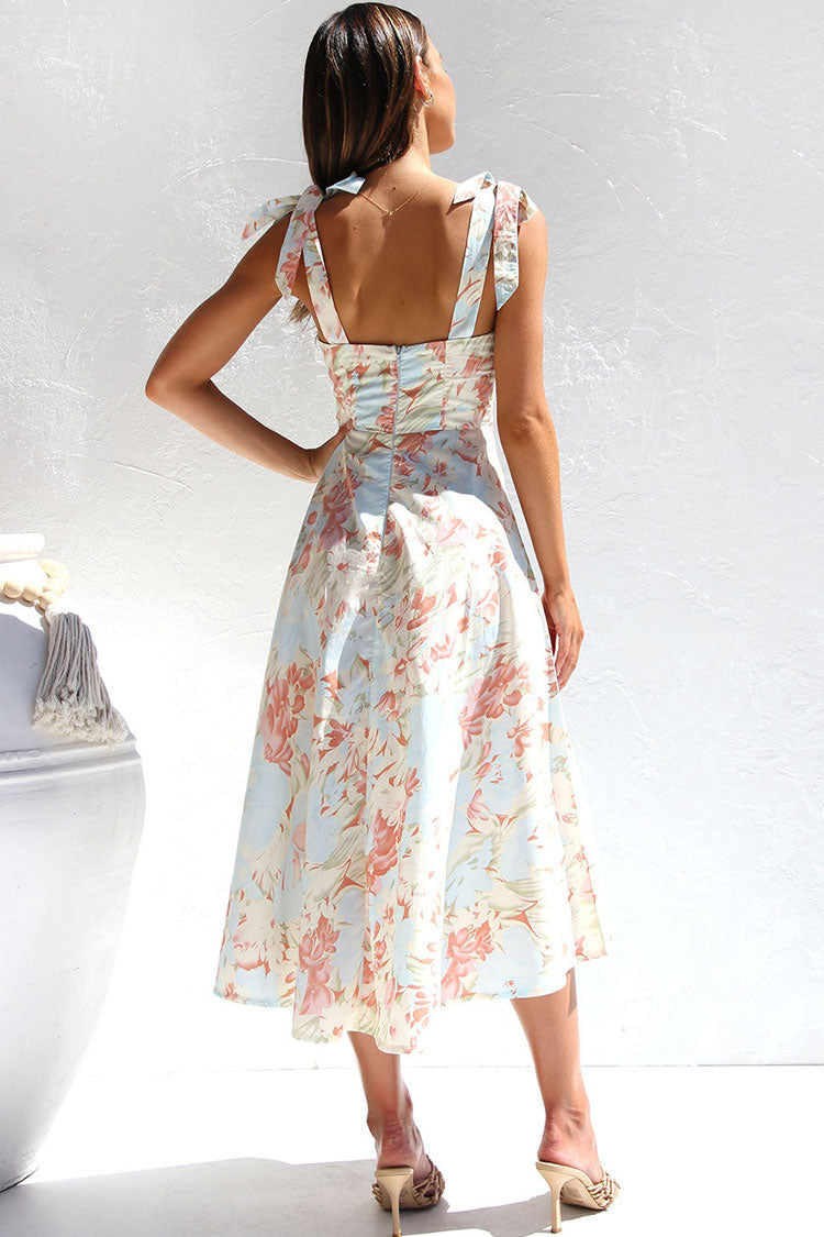 Breezy Tie Strap Fit & Flare Floral Printed Summer Midi Sundress - Light Blue