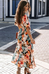 Breezy V Neck High Split Chiffon Beach Vacation Maxi Dress - Floral