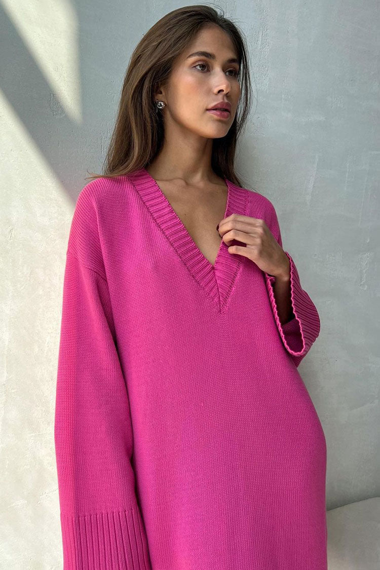 Casual Deep V Long Sleeve Shift Winter Oversized Sweater Mini Dress - Hot Pink