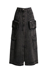 Casual High Waist Cargo Pocket Distressed Hem Front Split Denim Midi Skirt