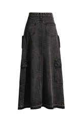 Casual High Waist Cargo Pocket Distressed Hem Front Split Denim Midi Skirt