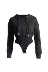 Casual Long Sleeve Cinched Waist Ribbed Knit Hybrid Hooded Bodysuit