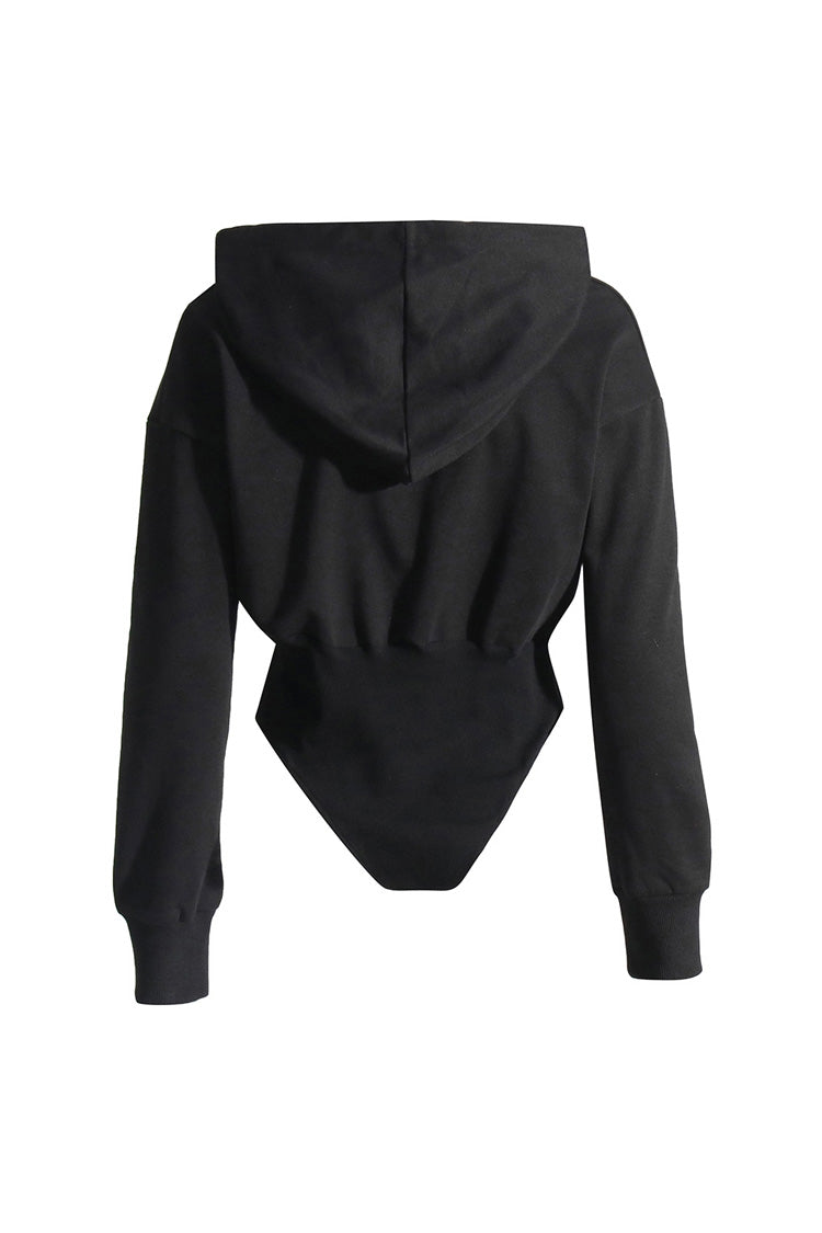 Casual Long Sleeve Cinched Waist Ribbed Knit Hybrid Hooded Bodysuit