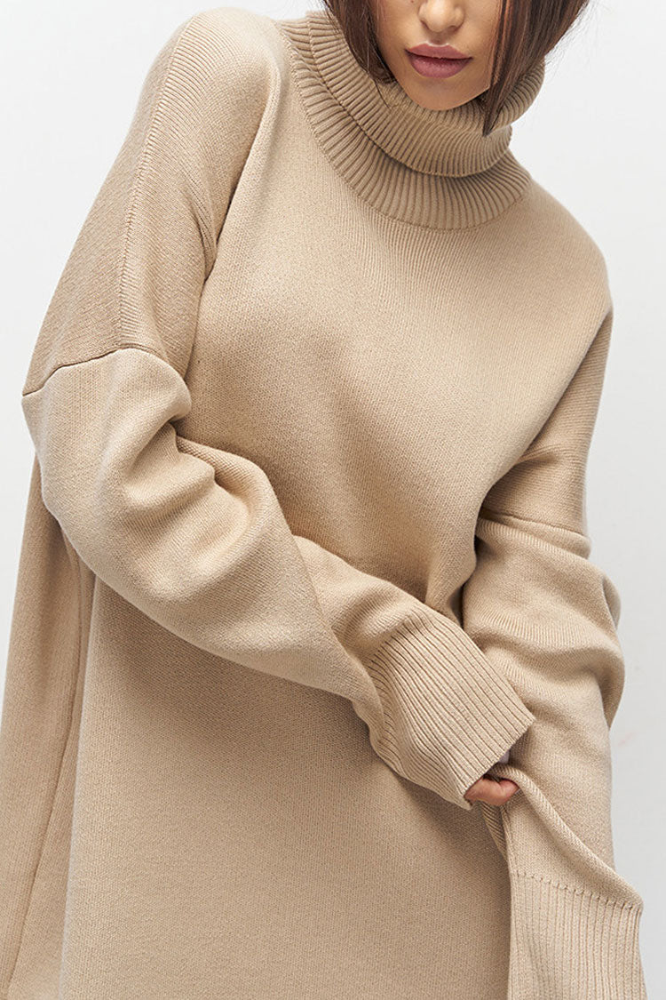 Casual Turtleneck Long Sleeve Shift Winter Oversized Sweater Mini Dress - Khaki