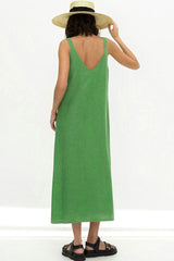 Casual V Neck Front Split Sleeveless Linen Blend Midi Sundress - Green