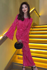 Celebrity Style Crew Neck Bell Sleeve Shift Pleated Maxi Dress - Hot Pink