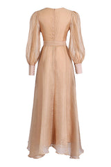 Celebrity Style V Neck Bishop Sleeve Belted Crinkled High Low Evening Dress