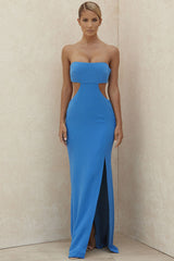 Charming Strapless Cut Out High Slit Maxi Prom Formal Dress - Blue