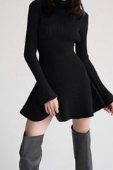 Chic High Neck Flared Long Sleeve Rib Knit Winter Sweater Mini Dress - Black