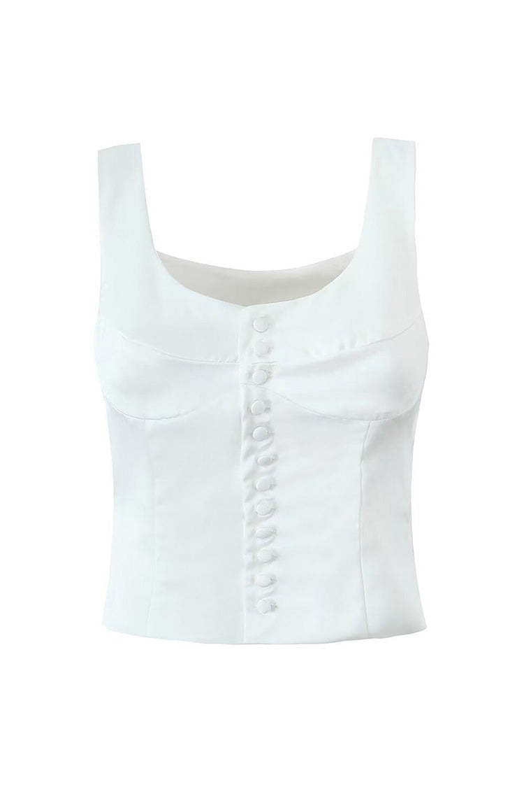 Chic Monochrome Scoop Neck Bustier Cinch Waist Button Up Crop Tank Top