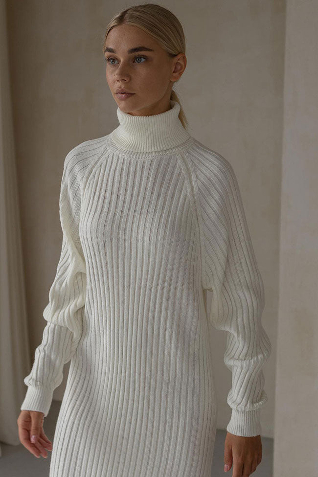 Chic Turtleneck Long Sleeve Chunky Ribbed Knit Winter Sweater Mini Dress - White