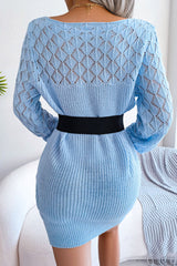 Comfy Long Sleeve Pointelle Crochet Knit Winter Sweater Mini Dress - Blue