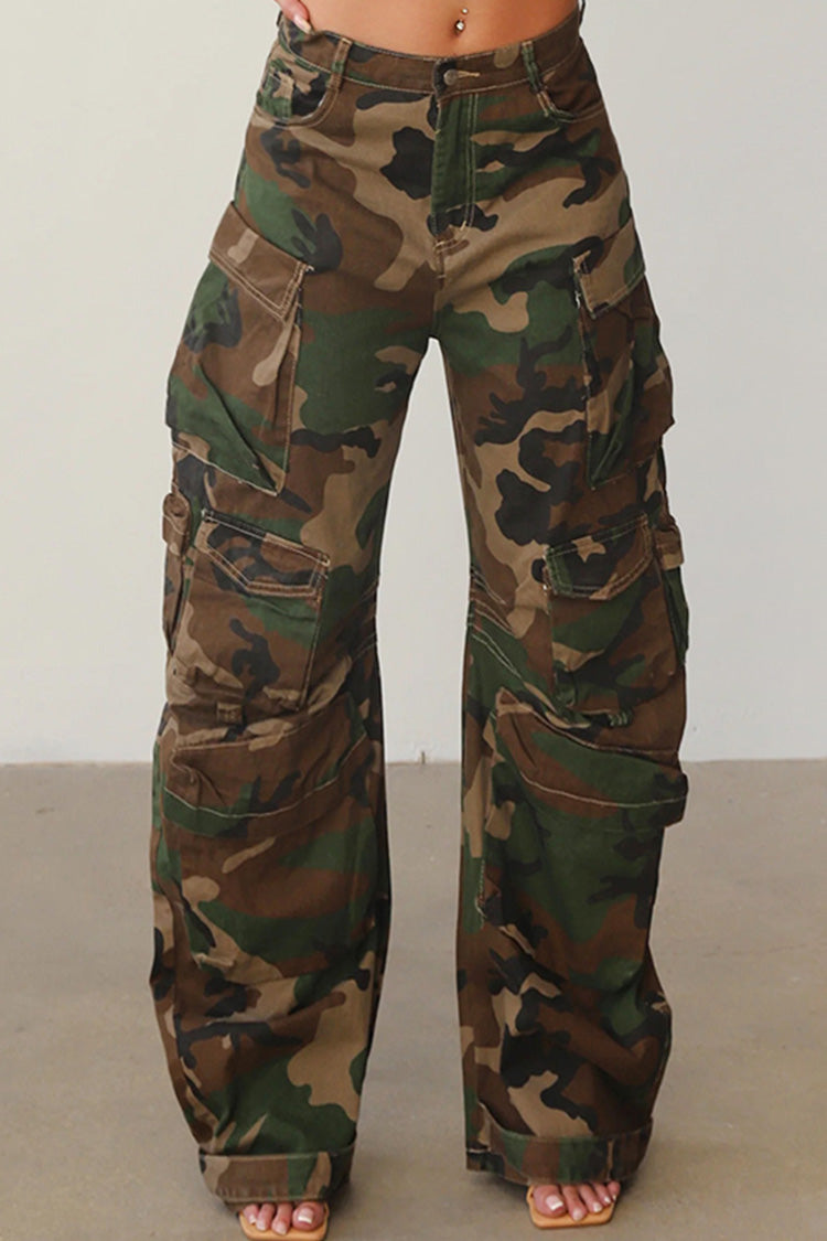 Cool Camo Print High Waist Wide Leg Full Length Horseshoe Cargo Jeans